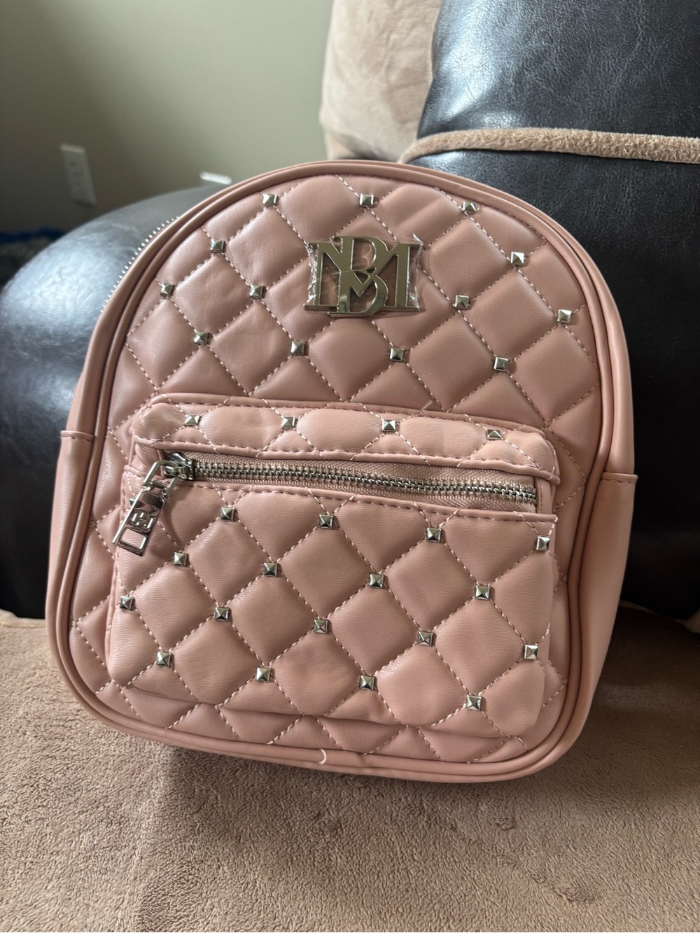 Badgley Mischka Quilted Mini Backpack in Dusty Pink with Silver Studs